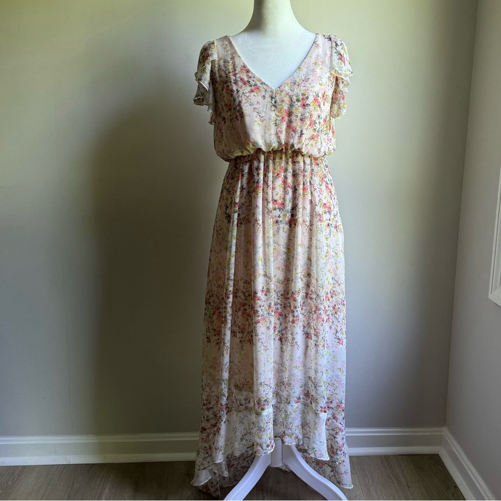 Charlotte Russell Floral Ruffle-Trim Maxi Dress Pink Size Small